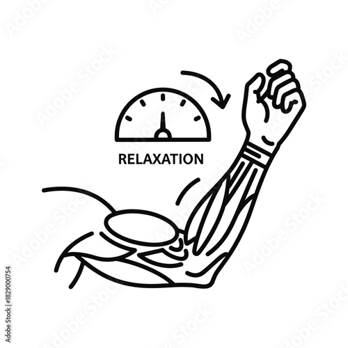Line icon illustrating muscle relaxation phase with gauge indicating low tension isolated on