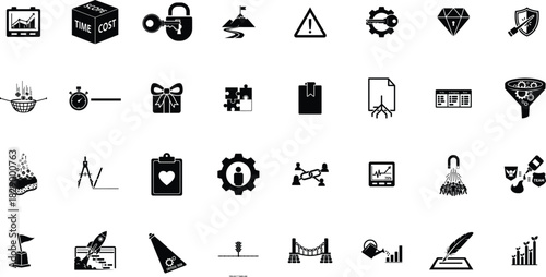 Collection of various food and drink icons in black and white