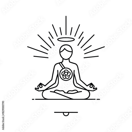 Minimalist line art icon of a person meditating in lotus position with halo