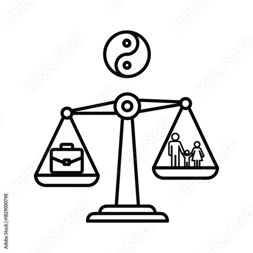 Balance scale icon showing equal weight between work briefcase and family figures with yin yang symbol