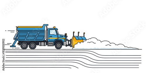 Modern vector illustration of a blue dump truck equipped with a yellow snow plow blade, clearing a pile of snow from the road.