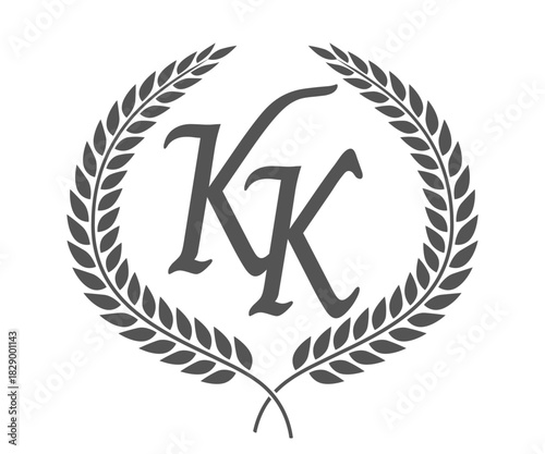 Initial letter K and K, KK monogram logo design with laurel wreath. Luxury calligraphy font.