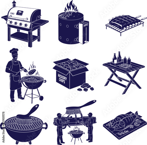Barbecue And Grilling Icons With Chef Smoker And Food On Table Keywords: barbecue, grill, bbq, cooking, food, meat, chef, ribs
