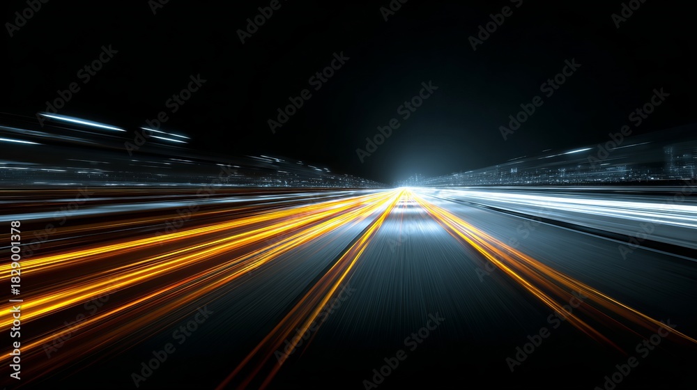 Obraz premium Dynamic light trails illuminate a futuristic city highway at night, conveying speed, motion, and modern innovation for transportation and technology concepts