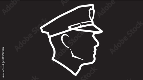 Minimalist outline illustration depicting the profile of a law enforcement officer wearing a distinctive uniform cap, symbolizing authority, public service, and protection