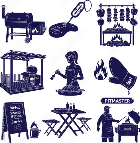 Barbecue Pitmaster And Grilling Equipment Illustrations cooking