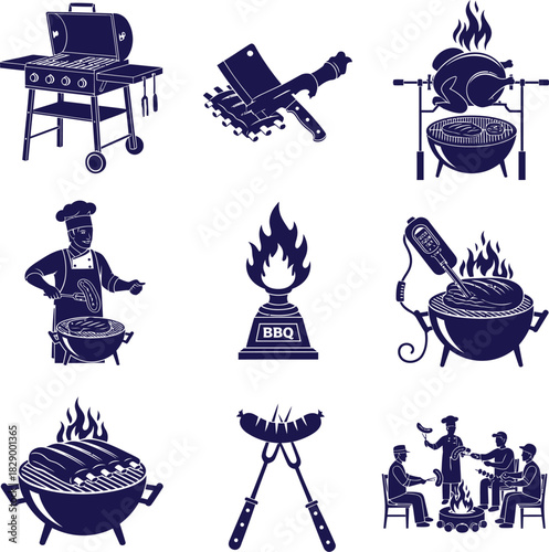 Barbecue Grill Icons Set With Chef And Food Preparation Elements Keywords: barbecue, grill, bbq, cooking, food, meat, chef