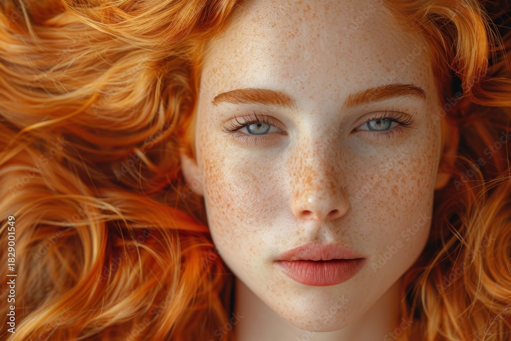 Naklejka premium Close-up portrait of a woman with vibrant red hair and captivating blue eyes, highlighting natural beauty and healthy complexion. Perfect for conveying emotion, confidence, and allure.