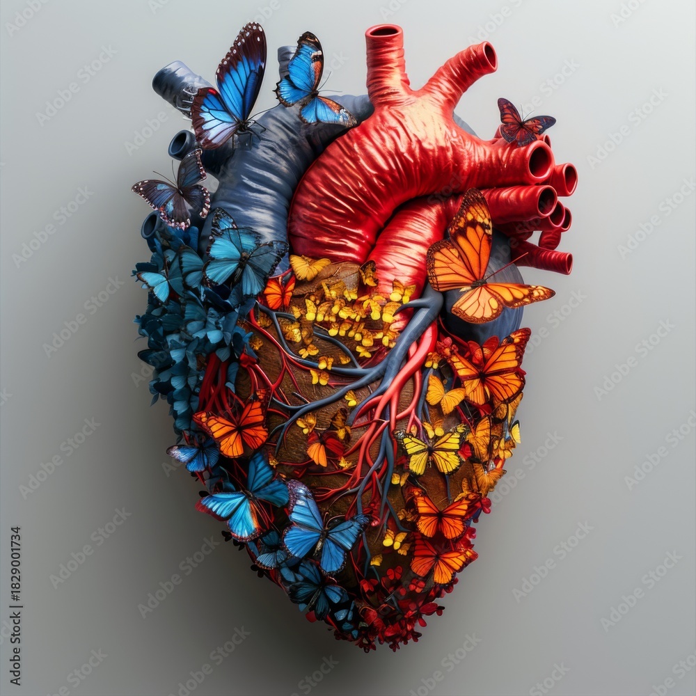 Naklejka premium A delicate heart design intricately crafted from colorful butterflies and vibrant flowers. Evokes feelings of love, beauty, and springtime.