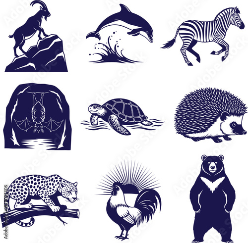 Diverse Animal Silhouettes Including Goat Dolphin Zebra Bat Turtle Keywords: animals, wildlife, goat, dolphin, zebra, bat, turtle