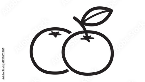 Clean and simple vector illustration of two fresh oranges with a leaf, rendered in a minimalist black outline style, ideal for healthy eating concepts and natural product branding