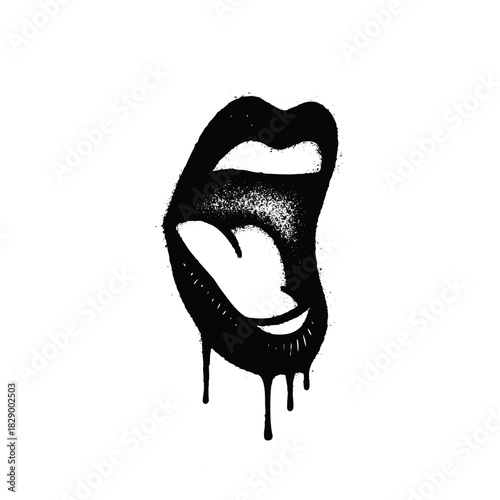 Black Graffiti Style Dripping Lips and Tongue Isolated