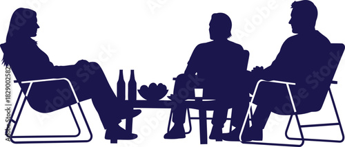 Silhouettes Of Three People Sitting Around A Table With Drinks And Fruit chairs