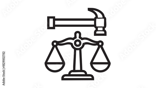Vector icon depicting a hammer above the scales of justice, symbolizing legal authority, impartial judgment, and fairness in law and order contexts