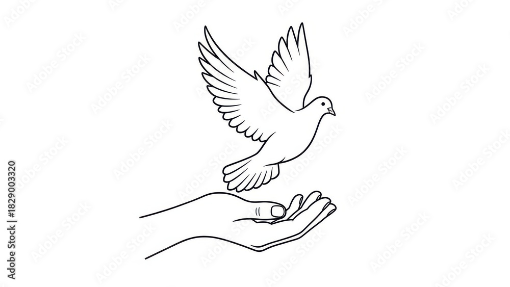 Fototapeta premium Delicate line art illustration of an open hand gently releasing a flying dove on white background symbolizing peace, freedom, hope, blessing, forgiveness, spirituality, compassion and letting go 