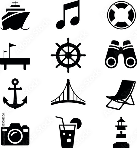Nautical and travel icons set black silhouette ship