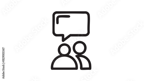 Minimalist line art icon portraying two people talking, featuring a speech bubble to symbolize effective communication, interactive discussion, collaboration, and social interaction
