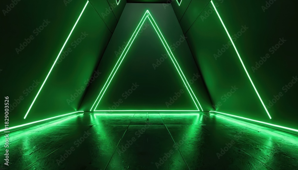 Fototapeta premium Dark futuristic interior with green neon lights. Empty room has geometric triangle shape for product presentation. Abstract cyber tunnel corridor with floor reflection, modern sci fi background.