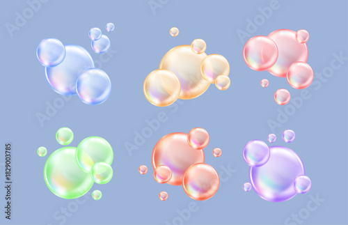 Set of fizzing air and watercolored bubbles ona blue background.