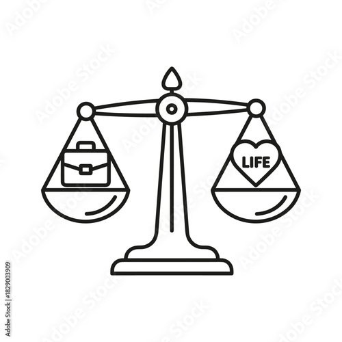 Worklife balance concept showing a scale weighing a briefcase against a heart representing personal life