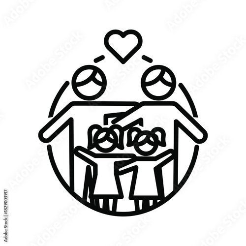 Line art icon of a loving family with two parents and two children, symbolizing unity and care