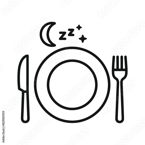 Meal setting with sleep symbols for night eating or fasting, isolated on