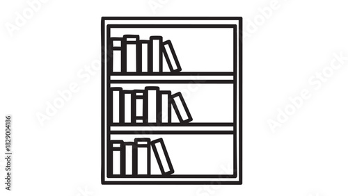 Minimalist outline icon depicting a well-organized three-tiered bookshelf filled with various books, symbolizing education, knowledge, and structured learning for academic and personal growth