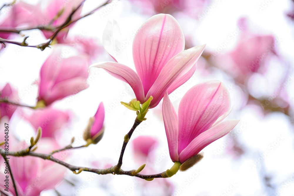 Fototapeta premium Close-up of Blooming Pink Magnolia Flowers on Branch