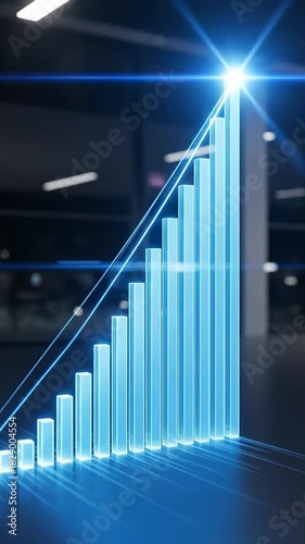 Glowing Blue Bar Chart Ascending Towards Bright Light Symbolizing Financial Growth and Success in a Modern Office Setting