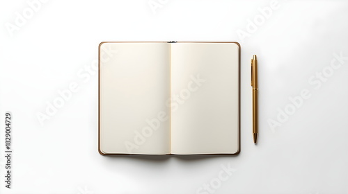 Open blank notebook and gold pen on white background flat lay