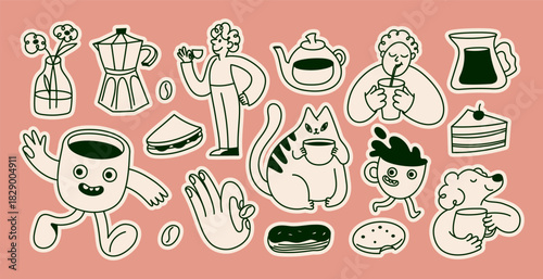 Vector logo and sticker design template, hand drawn doodle sketchy character and mascot, specialty coffee and cafe emblem, happy barista, latte, cappuccino, coffee cup mascot