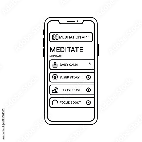 Meditation app interface on a smartphone, isolated on white background