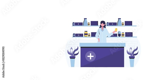 Pharmacy Illustration – Cartoon Medical Store Concept with Medicines & Healthcare Elements