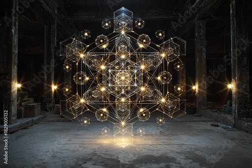Intricate golden sacred geometry structure, a glowing abstract Merkabah, floating in a dark, derelict warehouse or industrial setting.