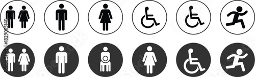 Collection of ten circular icons for men women disabled and running figures in black and white Keywords: icon, symbol, pictogram