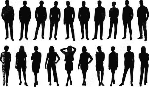 Collection of Black Silhouettes of Men and Women in Business Attire and Casual Wear Keywords: silhouette, people, man, woman