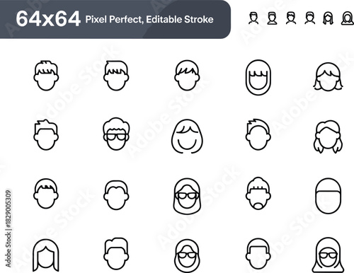 Diverse Human Head Icons Pixel Perfect Editable Stroke Collection Keywords: avatar, icon, person, profile, user, head, face