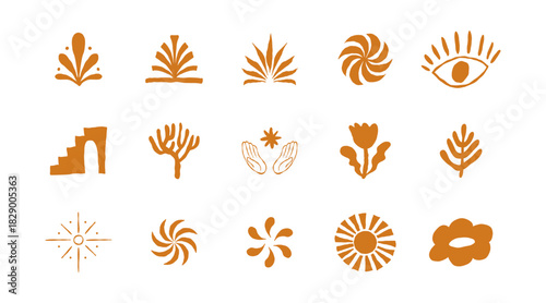 Vector hand drawn rough ink mystical symbols, sacred boho signs, design elements for branding and packaging, abstract shapes and glyphs