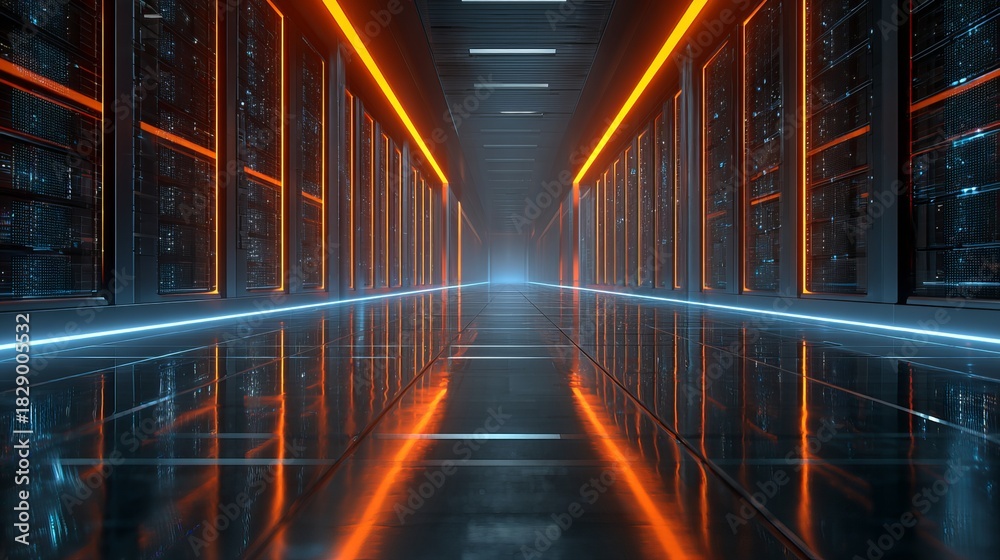 Fototapeta premium Modern server room with vibrant orange and blue neon lighting, showcasing cutting-edge technology and data center infrastructure for futuristic solutions