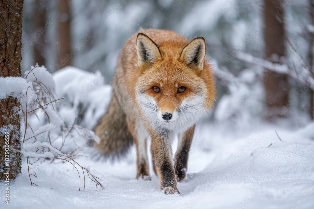 Obraz premium Winter Scene With Red Fox Walking Through Snow in a Serene Forest Setting