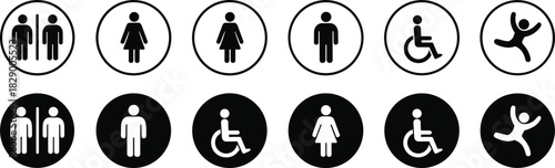Ten circular icons representing gender accessibility and activity in black and white Keywords: icon, symbol, pictogram, men
