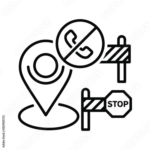 No phone calls allowed near the stop location showing blocked access with barriers, a symbol for restricted communication in a certain area