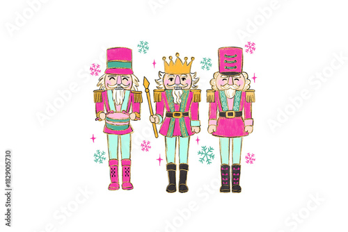 Pastel Pink and Gold Christmas Nutcracker Soldiers illustration Sublimation Design