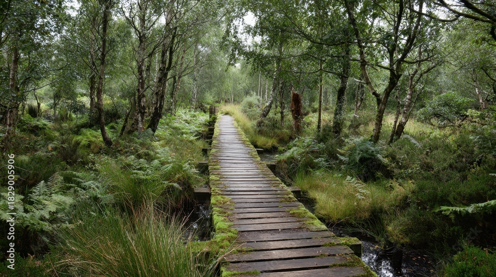 Fototapeta premium A wooden pathway leads through thick greenery and trees offering a peaceful escape into nature.