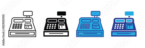 Set of four cash register icons in outline, solid black, blue line art, and solid blue styles isolated on white
