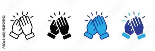 Set of clapping hands icons in black, white, and blue variations, isolated on a white background, symbolizing applause, celebration, and recognition.