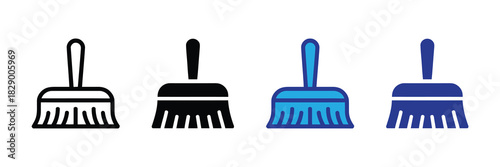 Set of four dustpan and brush icons in different styles: outline, solid black, and two shades of blue, isolated on white background.