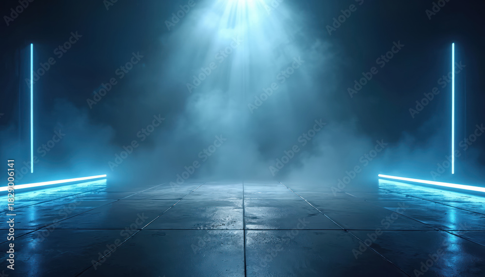 Naklejka premium Dark empty stage blue neon light lines on sides, floor. Bright spotlight beams shine through fog, smoke, creating dynamic mystic atmosphere. Modern concrete floor reflects strong glow. Futuristic