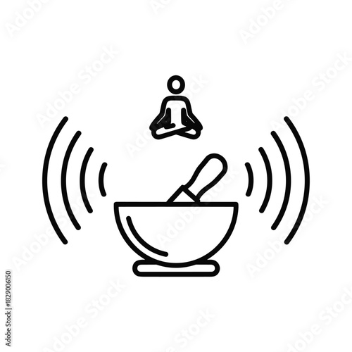 Person meditating above a singing bowl with sound waves icon