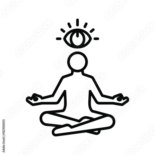 Meditating person in lotus pose with third eye symbol, isolated on
